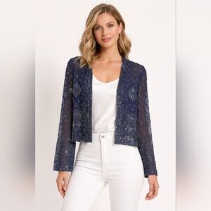 VTG Talbots Petites 100% Silk Beaded Cardigan Navy Blue Sequin Evening Bolero PS
